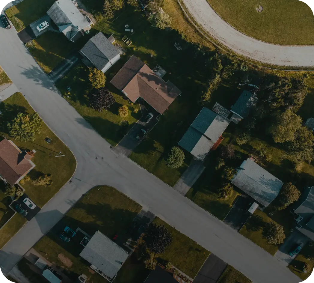 Aerial neighborhood view representing Seen's mission